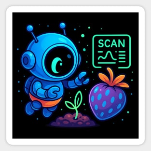 Cute Robot Scanning Sprout and Berry • Adorable Sci-Fi Nature Art Magnet